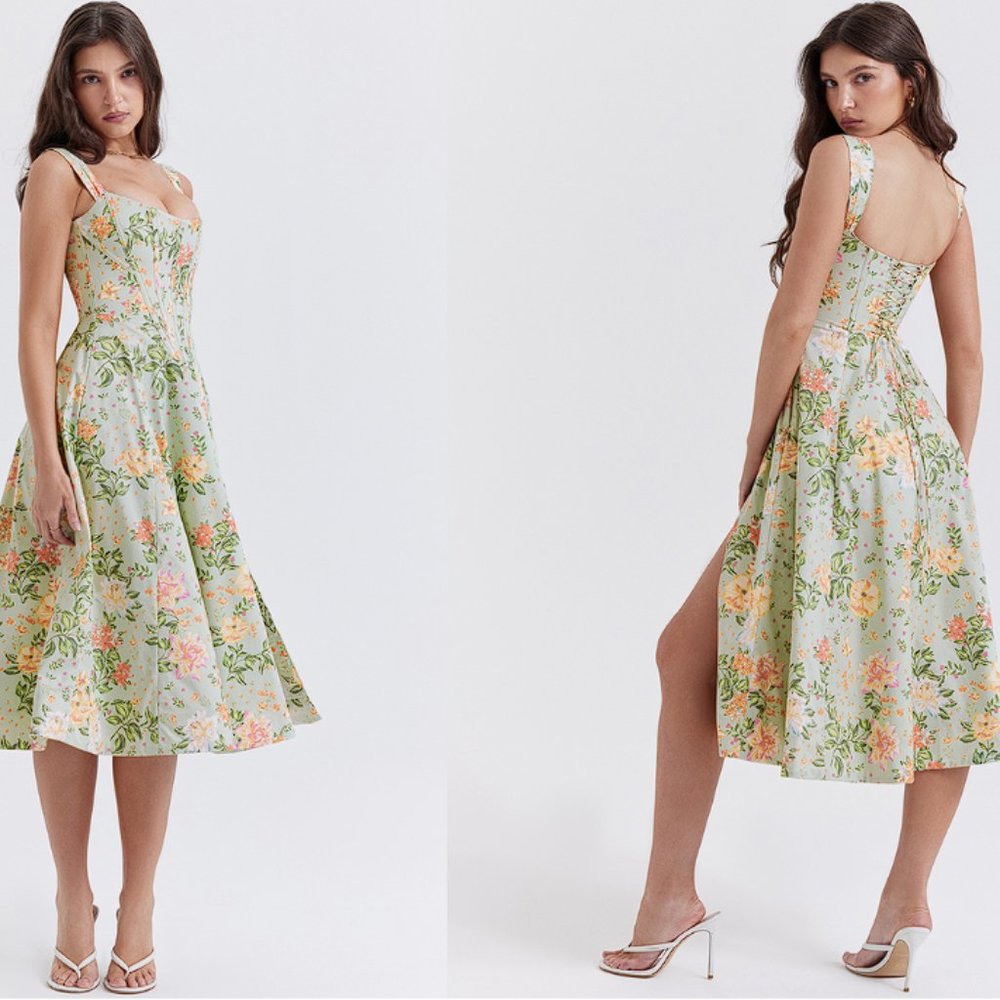 HOUSE OF CB 'Saira' Light Jade Print Midi Sundress NWOT - Picture 4 of 10